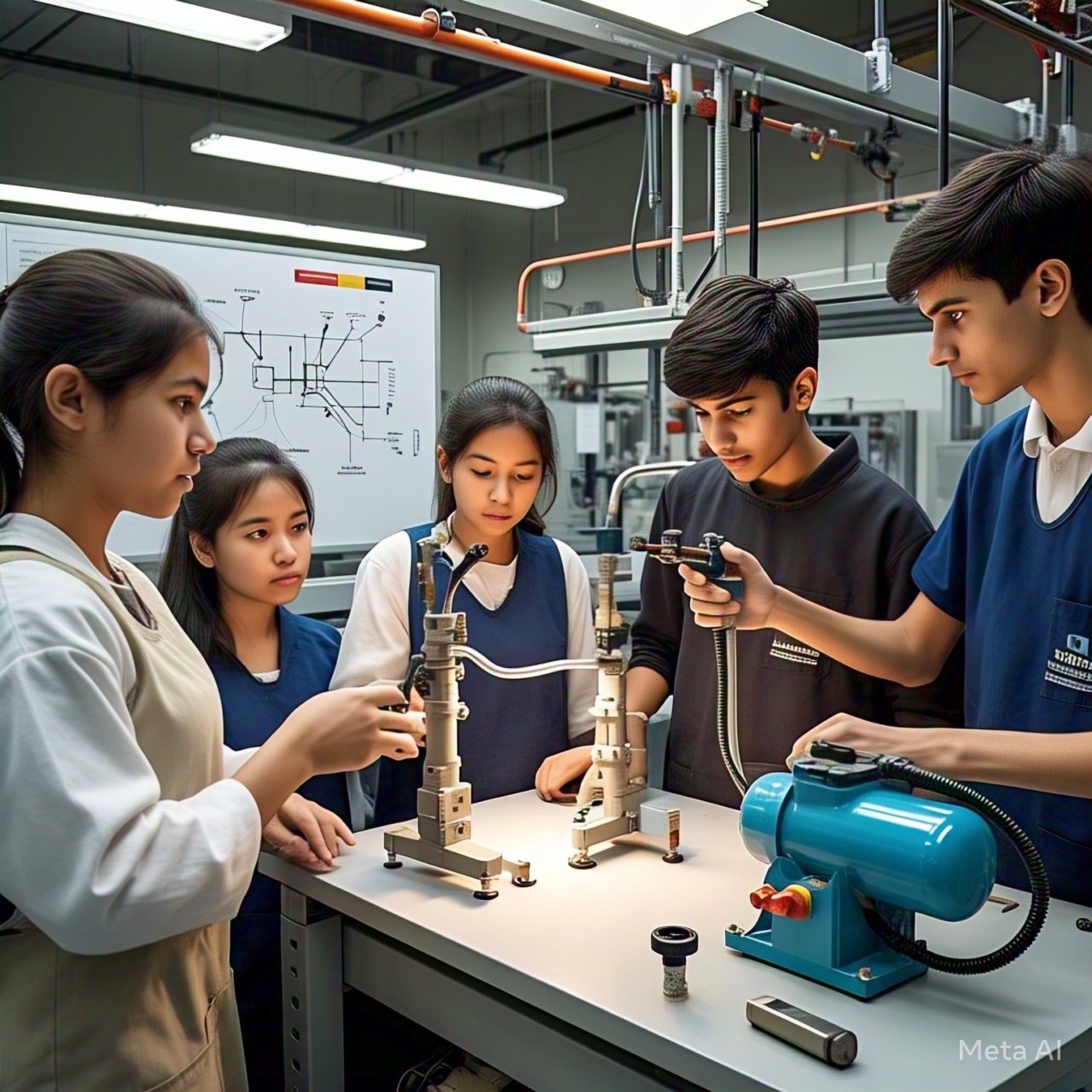 Estudiantes trabajando en un proyecto neumático educativo
